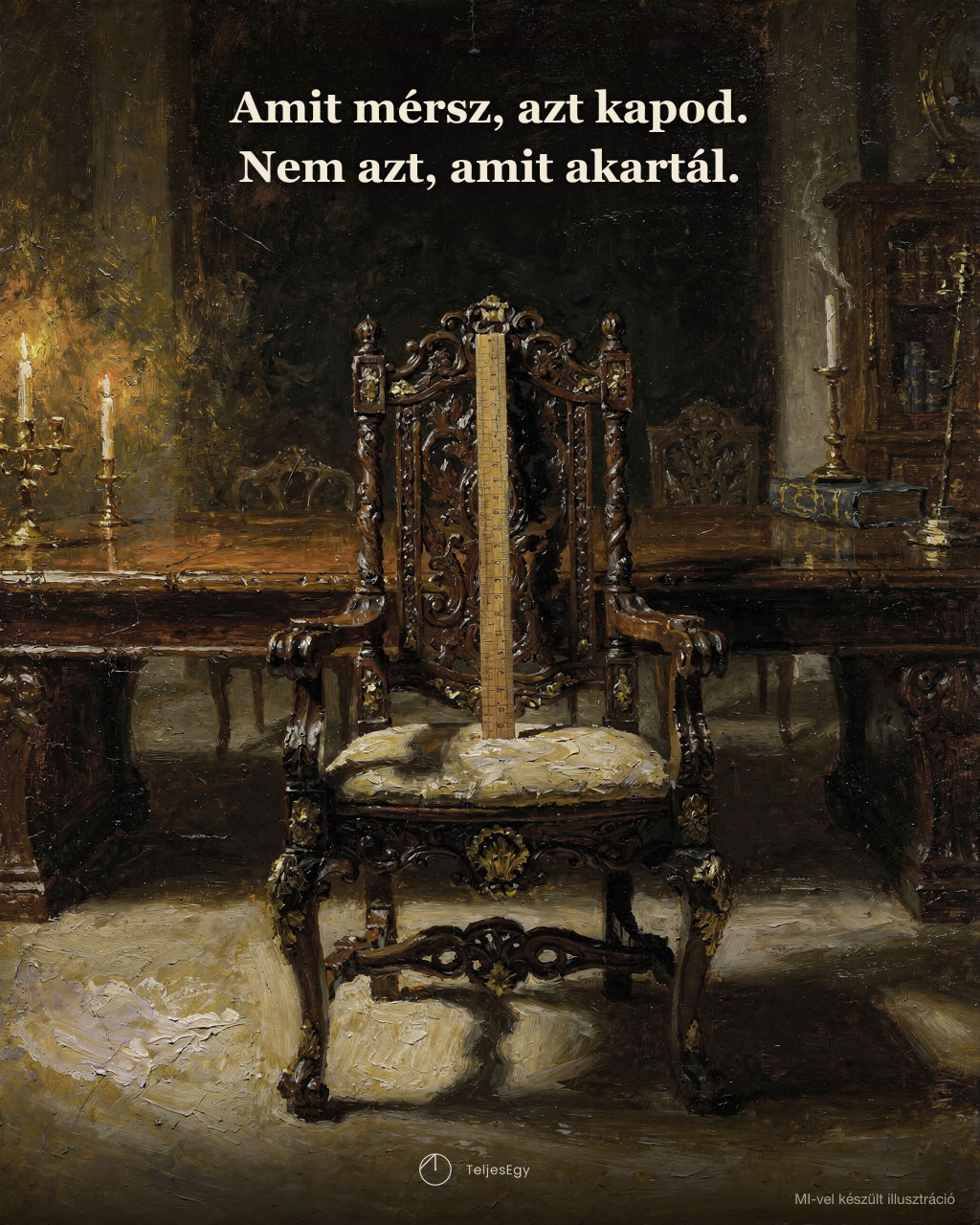 „Amit mérsz, azt kapod. Nem azt, amit akartál.” — egyszerű fa mérőrúd ül a díszes úri karosszékben · TeljesEgy idézet-illusztráció