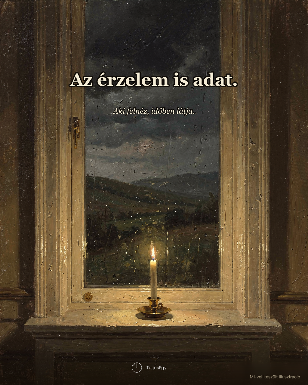 „Az érzelem is adat. Aki felnéz, időben látja.” — gyertya az ablakpárkányon, kint gyülekező vihar · TeljesEgy idézet-illusztráció