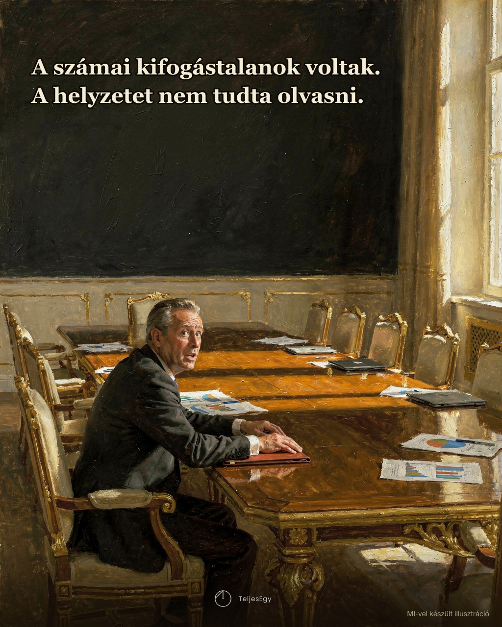 „A számai kifogástalanok voltak. A helyzetet nem tudta olvasni.” — egyedül maradt vezető a tárgyalóasztalnál, körülötte a többiek után kihúzva hagyott székek · TeljesEgy idézet-illusztráció