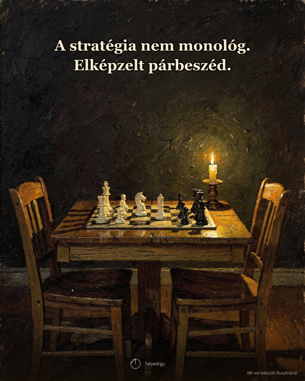 „A stratégia nem monológ. Elképzelt párbeszéd.” — sakktábla két üres székkel · TeljesEgy idézet-illusztráció