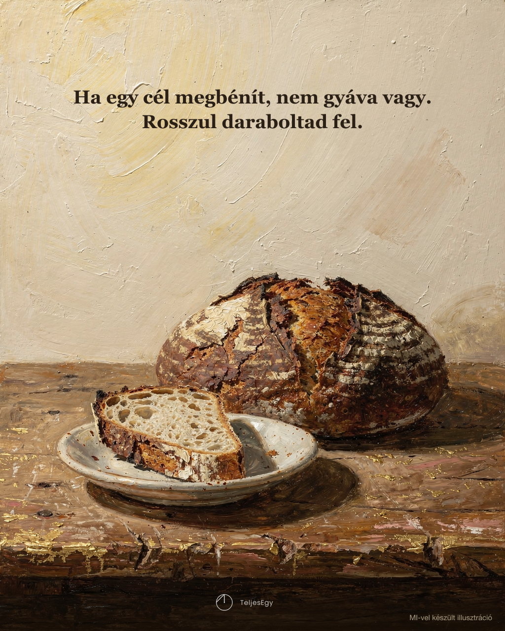 „Ha egy cél megbénít, nem gyáva vagy. Rosszul daraboltad fel.” — egyetlen vékony szelet egy hatalmas kenyérből · TeljesEgy idézet-illusztráció
