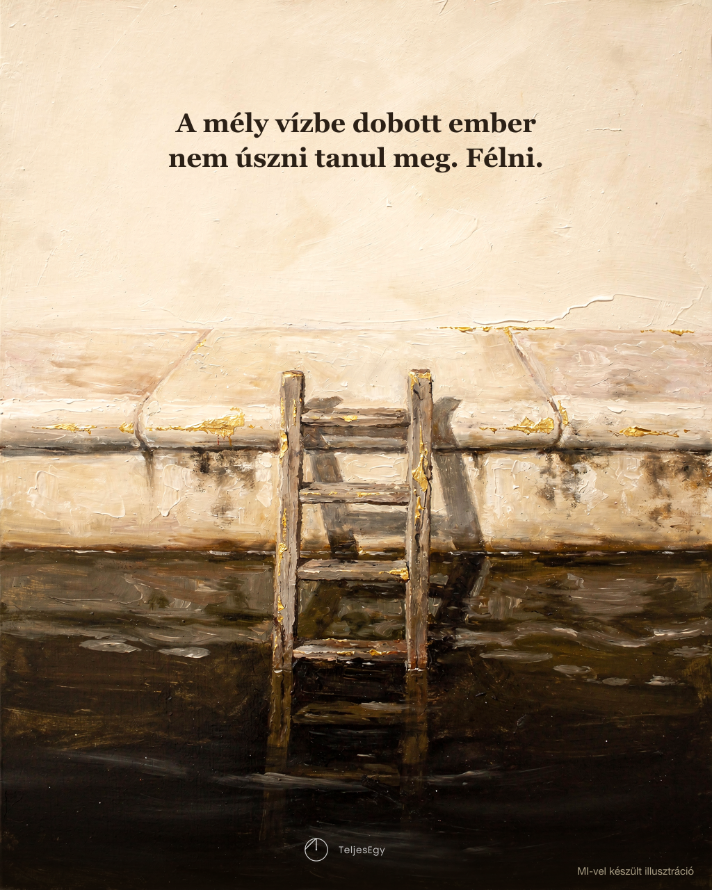 „A mély vízbe dobott ember nem úszni tanul meg. Félni.” — létra ereszkedik a mély, sötét vízbe · TeljesEgy idézet-illusztráció