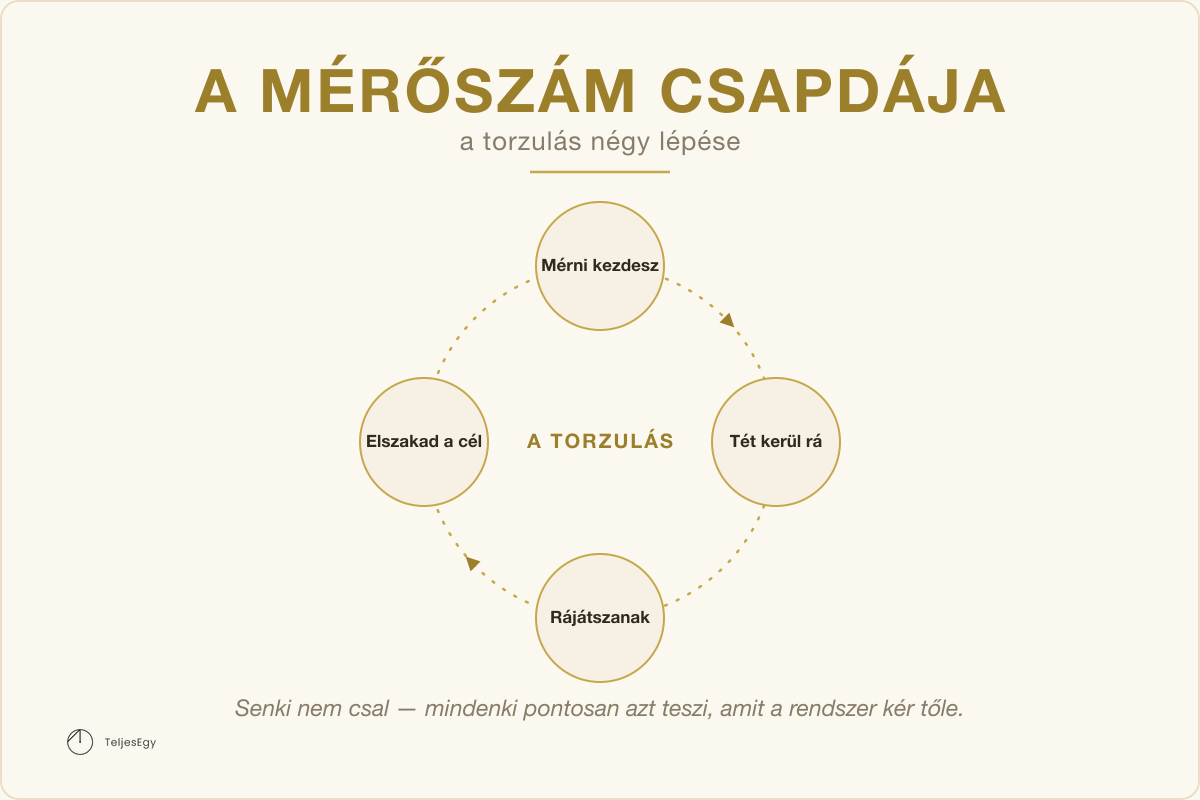 A mérőszám csapdája — a torzulás négy lépése: Mérni kezdesz, Tét kerül rá, Rájátszanak, Elszakad a cél · TeljesEgy modell-ábra