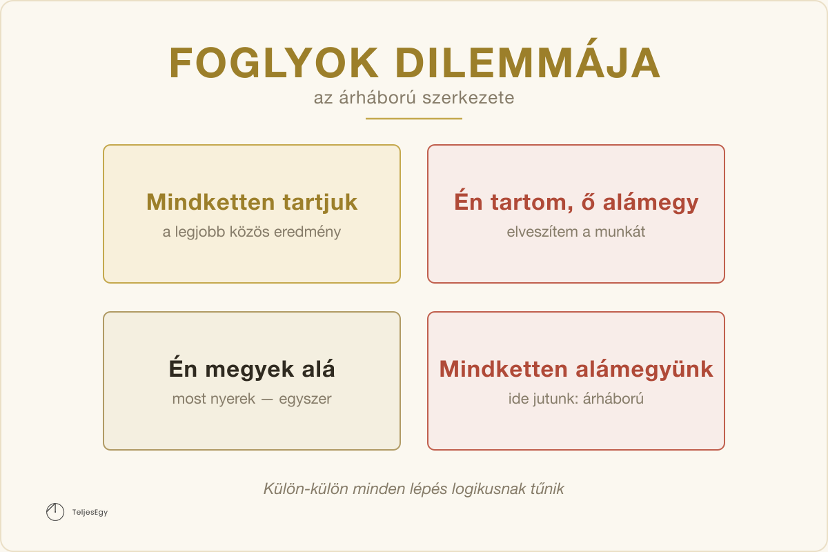 Foglyok dilemmája — az árháború szerkezete: Mindketten tartjuk, Én tartom, ő alámegy, Én megyek alá, Mindketten alámegyünk · TeljesEgy modell-ábra