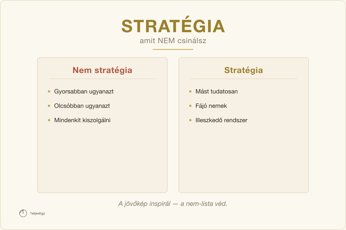 Stratégia — amit NEM csinálsz: Nem stratégia vs Stratégia · TeljesEgy modell-ábra