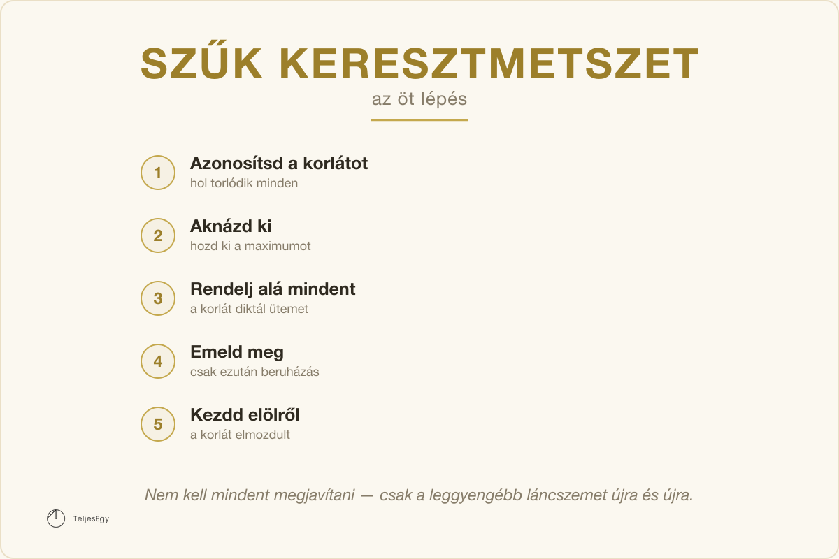 Szűk keresztmetszet — az öt lépés: Azonosítsd a korlátot, Aknázd ki, Rendelj alá mindent, Emeld meg, Kezdd elölről · TeljesEgy modell-ábra